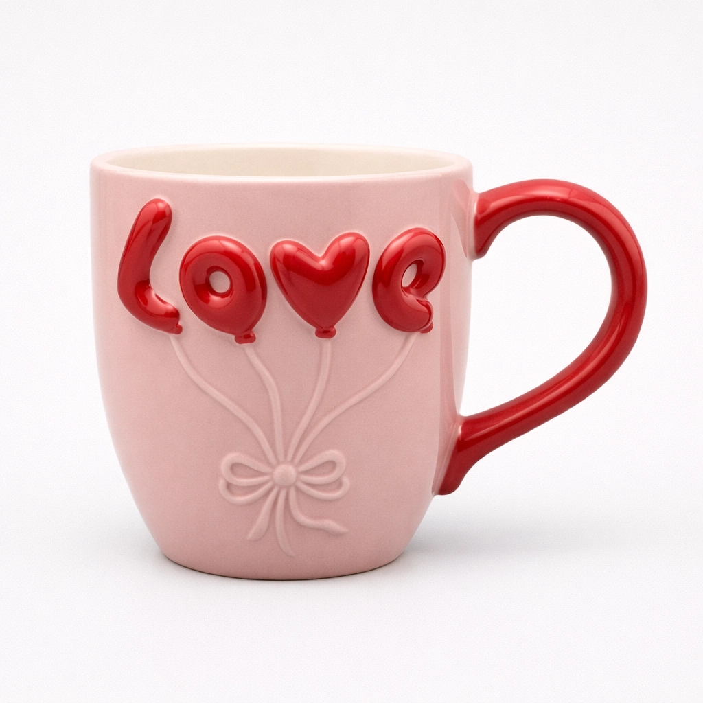 Porcelain "Love" Balloon Mug – Pink Embossed Coffee Cup with Red Handle