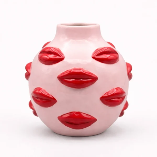 Porcelain "Kisses" Vase – Pink Bud Vase with Embossed Red Lips