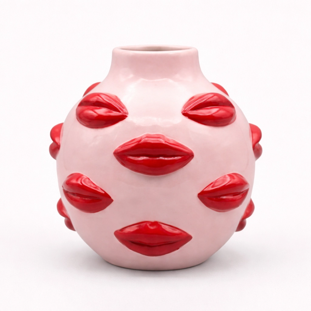Porcelain "Kisses" Vase – Pink Bud Vase with Embossed Red Lips